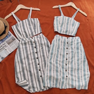 Set áo croptop váy sọc kèm ảnh thật