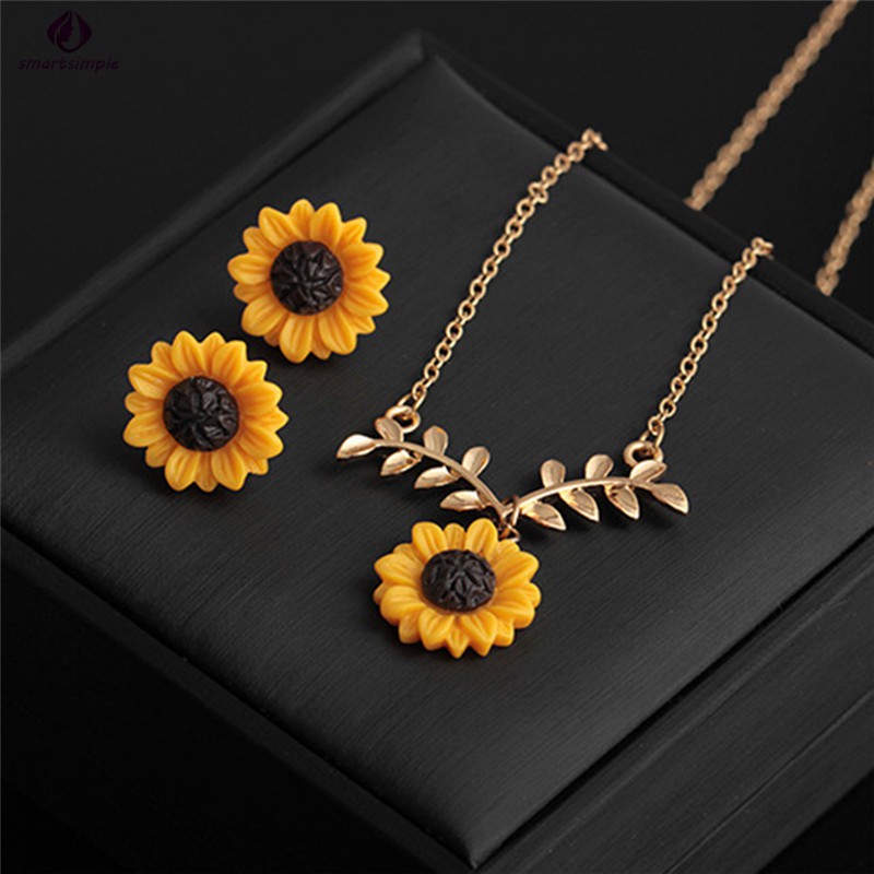 Bộ Dây Chuyền+Bông Tai Hình Hoa Hướng Dương Sáng Tạo Cho Nữ