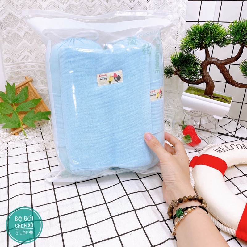 Bộ chặn kèm gối Muslin 8 lớp họa tiết thêu