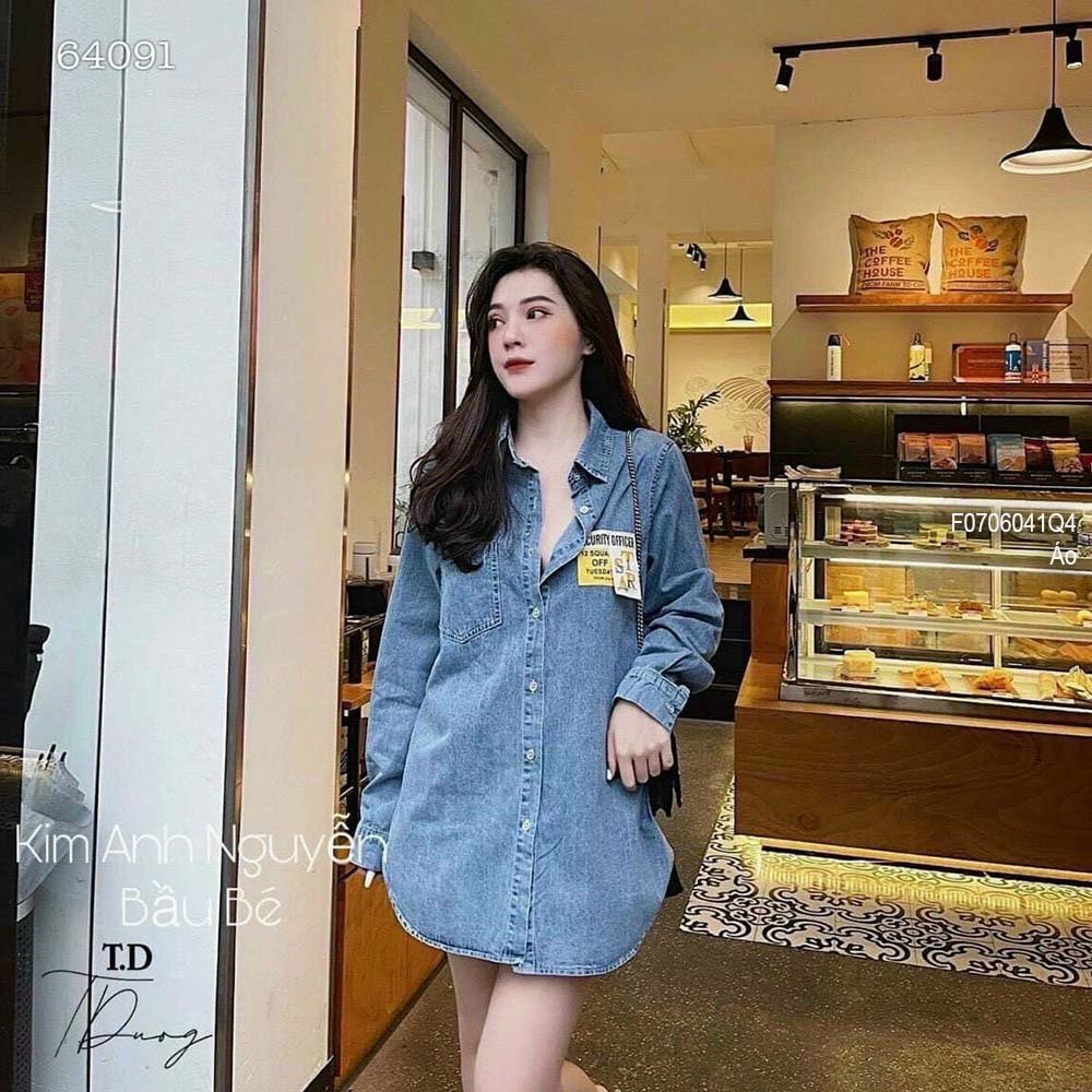 Áo sơ mi jean một túi gắn mác chữ tay dài hàng đẹp!