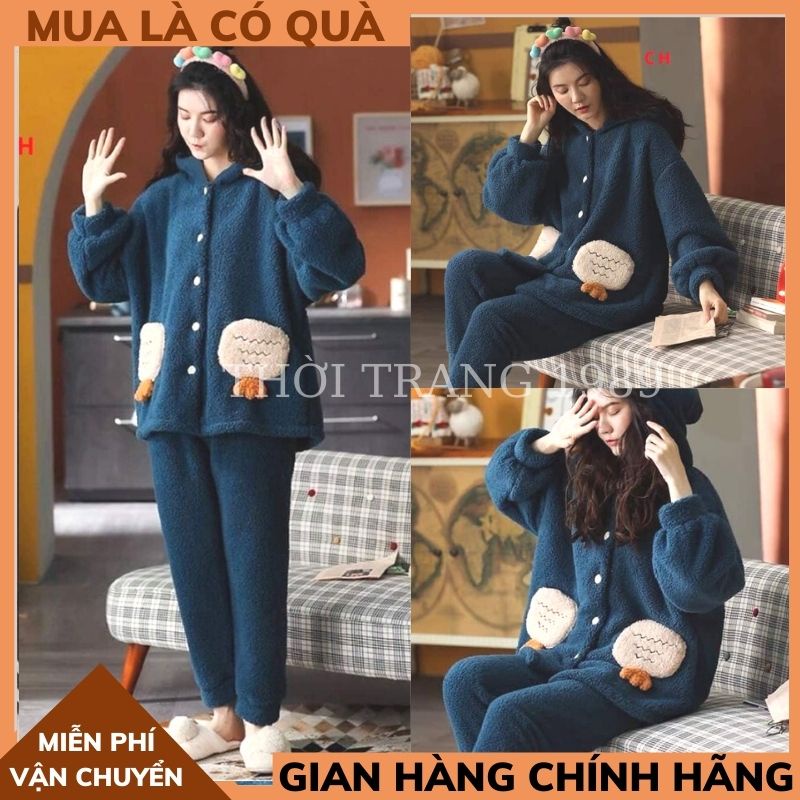 Bộ ngủ lông cừu nữ 🍀bộ lông khuy cài túi cà rốt hàng QC dày mềm mịn tay giữ nhiệt tốt ,bộ ngủ form rông hàn quốc TT1989