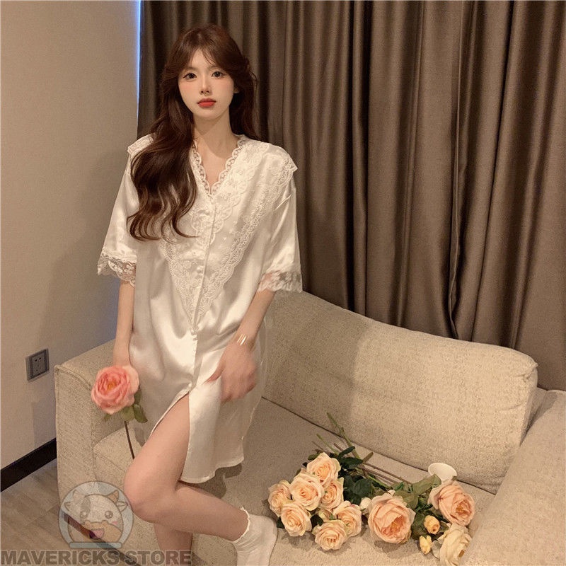 Đầm Ngủ Tay Ngắn Chất Lụa Thời Trang Mùa Hè Quyến Rũ Cho Nữ