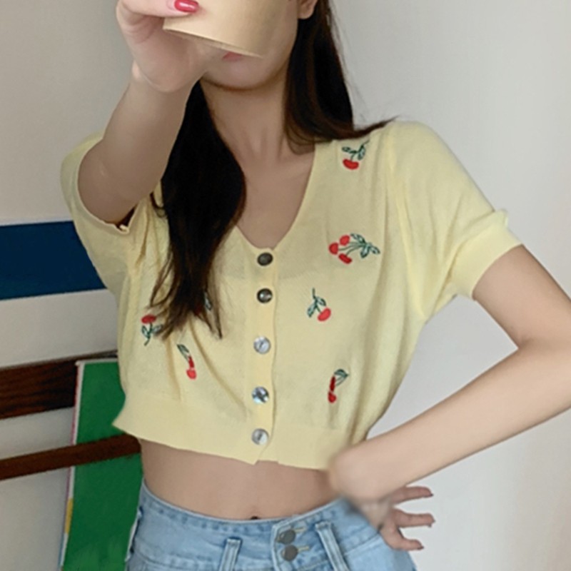 Áo Cardigan Ngắn Tay Thêu Hình Trái Cherry Xinh Xắn Dành Cho Nữ