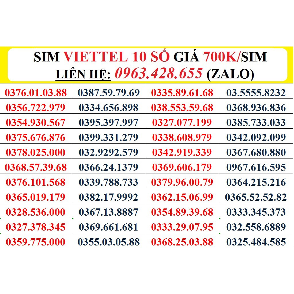 SIM VIETTEL 10 SỐ  ĐỒNG GIÁ 700.000