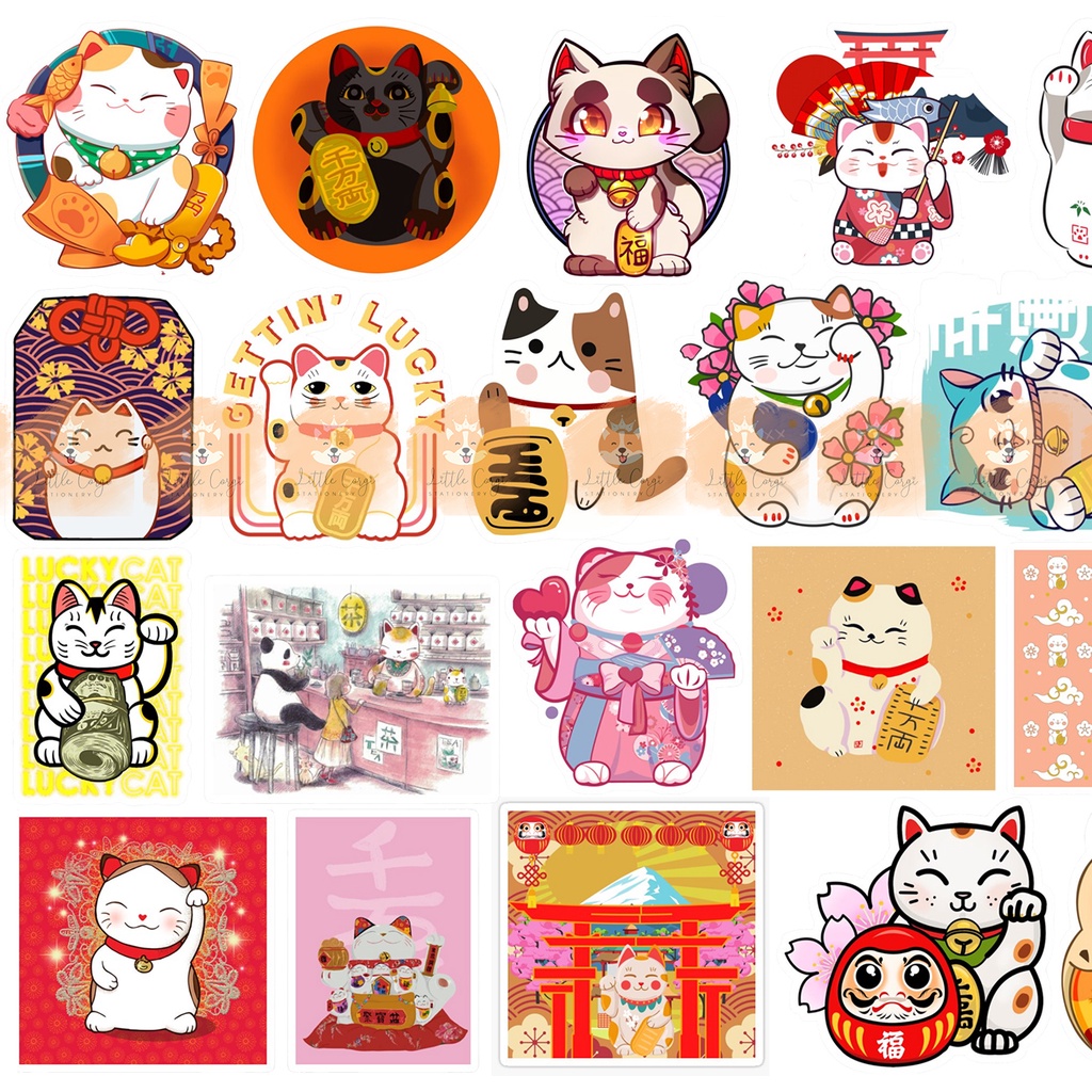 Set 20 hình dán sticker mèo thần tài, lucky cat, Maneki Neko dễ thương trang trí sổ tay, toploader, máy tính