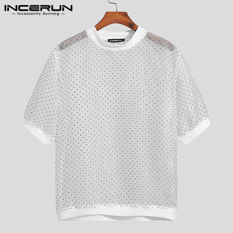 INCERUN Áo Thun Tay Lửng Xuyên Thấu Họa Tiết Chấm Bi Thời Trang Mùa Hè Cho Nam