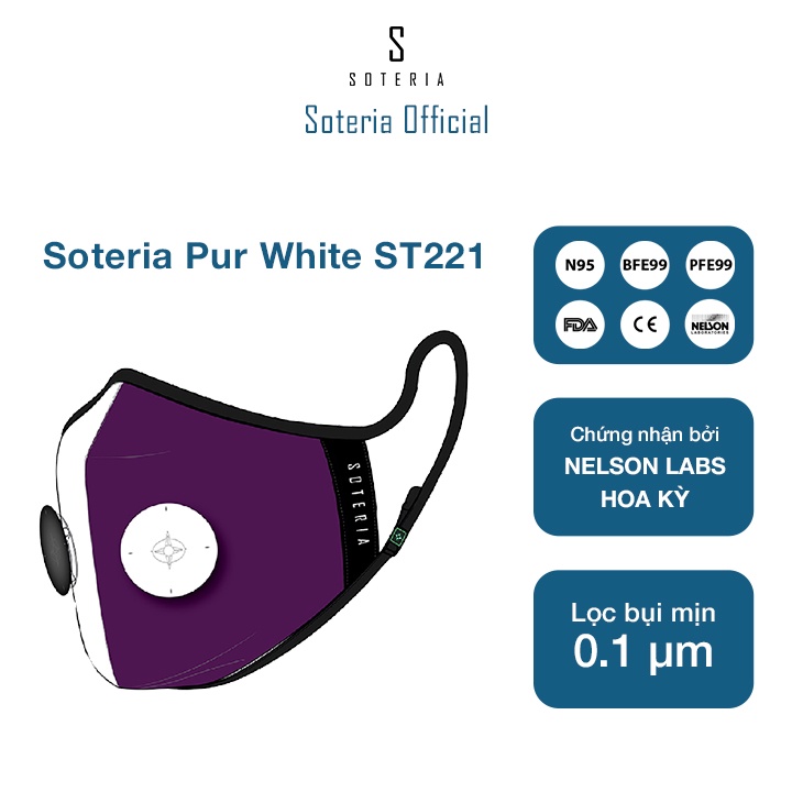 Khẩu trang tiêu chuẩn Quốc Tế SOTERIA Pur White ST221 - Bộ lọc N95 BFE PFE 99 lọc đến 99% bụi mịn 0.1 micro- Size S,M,L