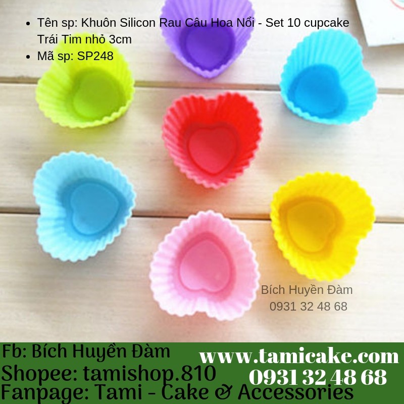 KHUÔN SILICON RAU CÂU HOA NỔI - SET 10 CUPCAKE TRÁI TIM NHỎ 3CM