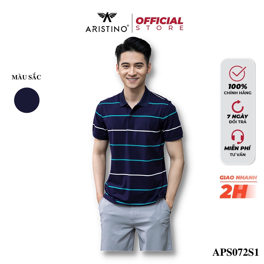 Áo Polo, Thun Nam ARISTINO Xanh Tím Than Cao Cấp, Có Cổ, Họa Tiết Kẻ Ngang Sắc Nhiều Màu - APS072S1