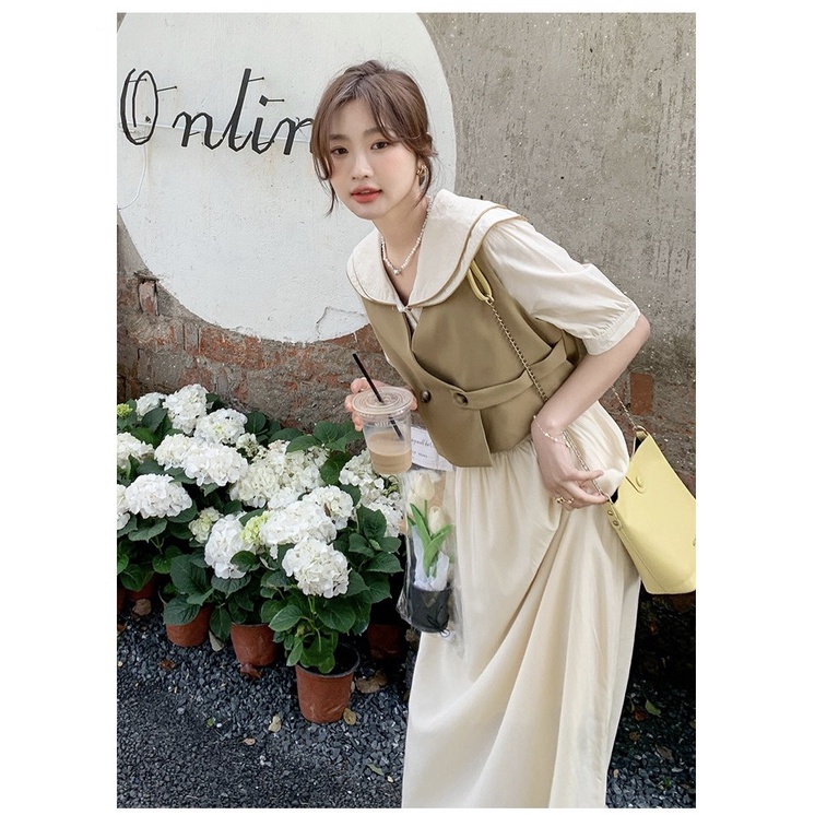 Set váy midi dáng dài phối gile cài cúc sườn đầm style Hàn Quốc chuzme