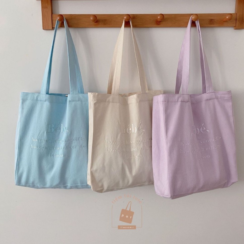 Túi tote vải canvas họa tiết thêu bé bé màu sắc pastel TP7 | tiemtuitotebypat