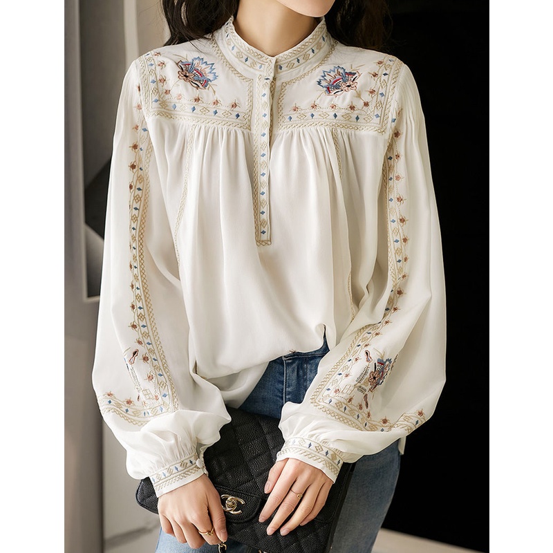 Áo Sơ Mi Chiffon Tay Phồng Dài In Họa Tiết Dân Tộc Phong Cách Bohemian Cổ Điển Size M-3XL Thời Trang Dễ Phối Đồ Cho Nữ