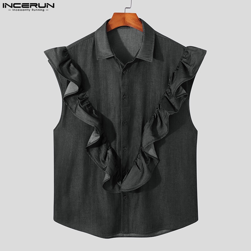 Áo sơ mi INCERUN không tay màu trơn cổ bẻ phối bèo thời trang cho nam