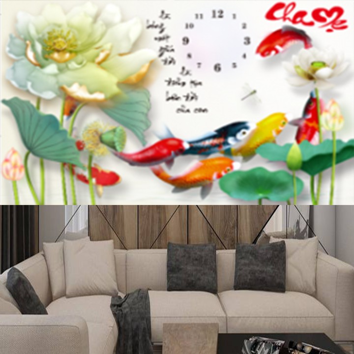 Tranh thêu cha mẹ cá hoa sen trắng 223176 - kích thước: 76 * 51cm. (TRANH CHƯA LÀM)