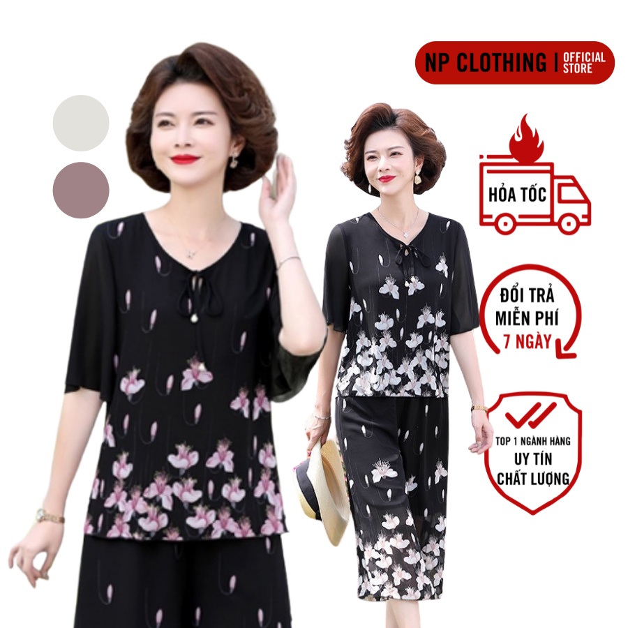 Đồ Bộ Mặc Nhà S900, Bộ Đồ Lửng Trung Niên Nữ Cho Mẹ Cổ Tim Họa Tiết Hoa Chất Voan Quảng Châu Sang Trọng