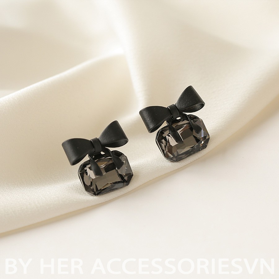 [Mã 44FASHIONSALE1 giảm 10K đơn 50K]Khuyên Tai Nữ Nơ Đen phối đá nhân tạo Phong Cách Cổ Điển HER.ACC H33