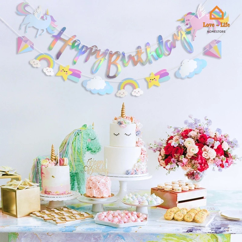 Dây Cờ Dài 2M Họa Tiết Kỳ Lân / Cầu Vồng Hoạt Hình Nhiều Màu Trang Trí Tiệc Sinh Nhật Cho Bé Gái