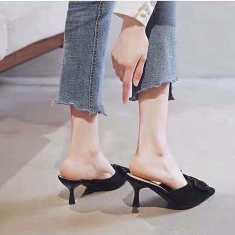 E42: Giày sục mũi nhọn gắn nơ cực xinh, gót nhọn 5cm