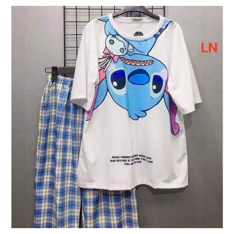 Sét áo phông 3D và quần kẻ xanh hồng LN11