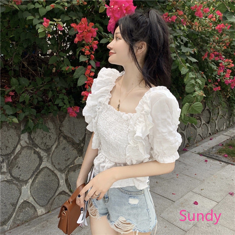 Áo Kiểu Tay Phồng Cổ Vuông Xếp Ly Phong Cách Pháp Thời Trang Hè Cho Nữ