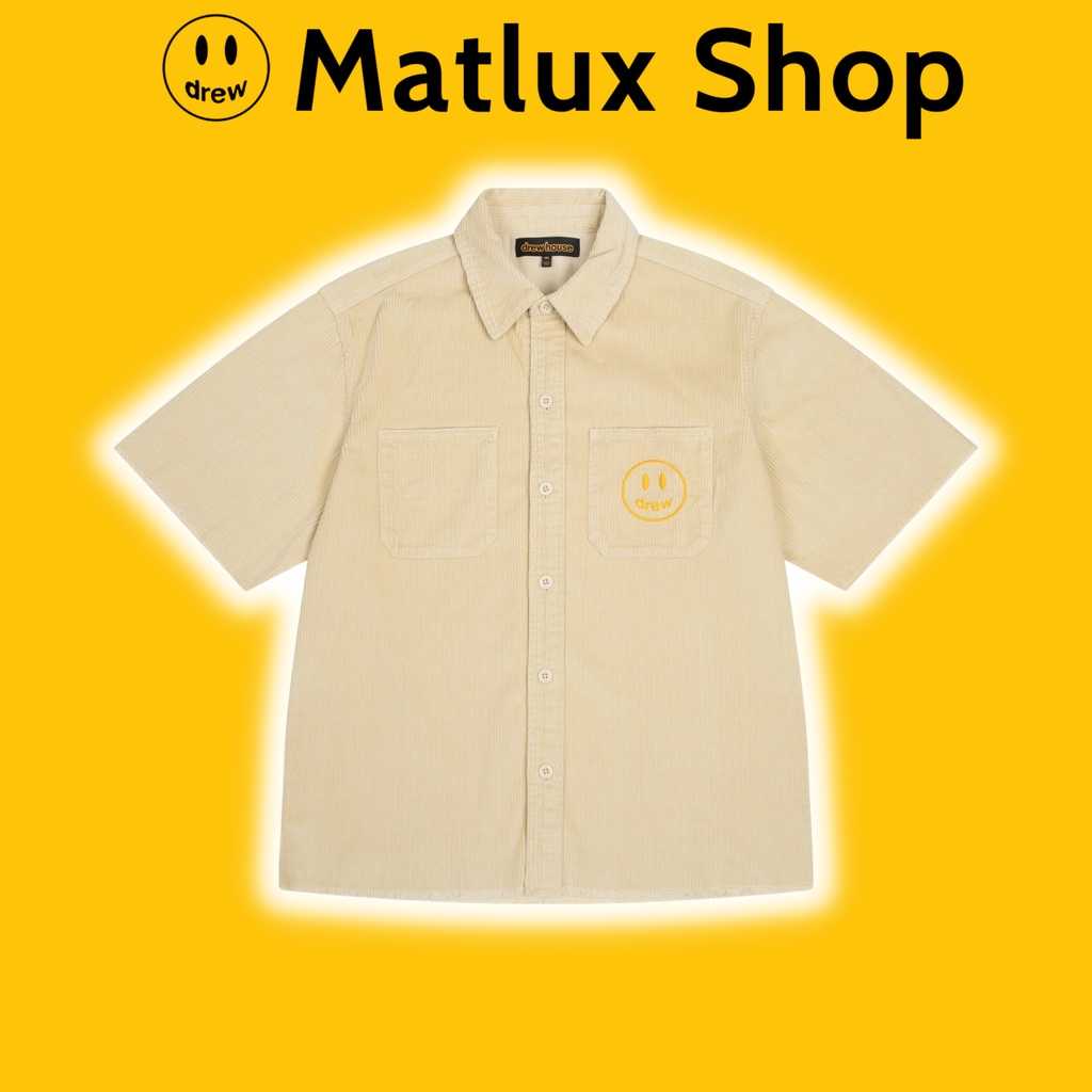 Áo sơ mi cộc tay DREW HOUSE CORDUROY SS SHIRT màu be bản cao cấp, Áo sơ mi nam Drew House chất liệu vải nhung tăm oversz