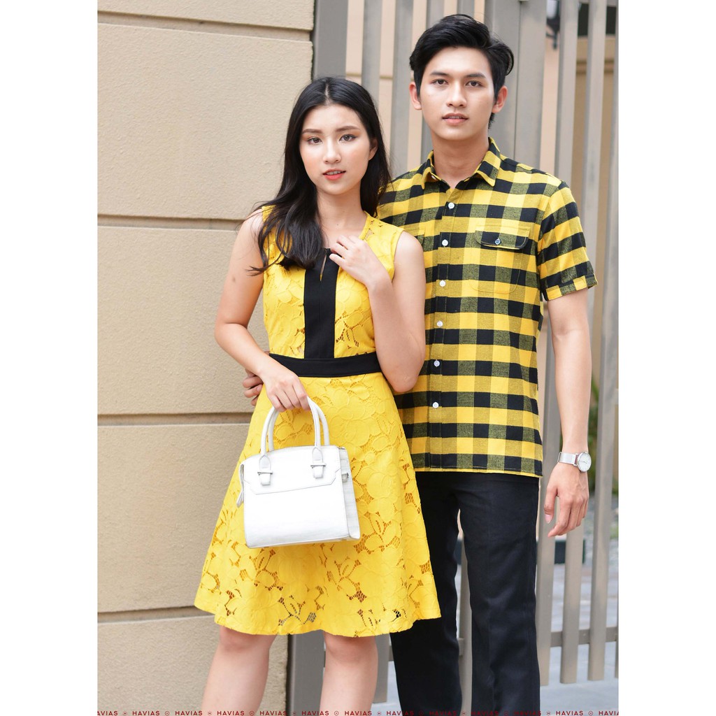 Đồ đôi sơ mi cao cấp vàng 2 túi &amp; đầm hoa cao cấp