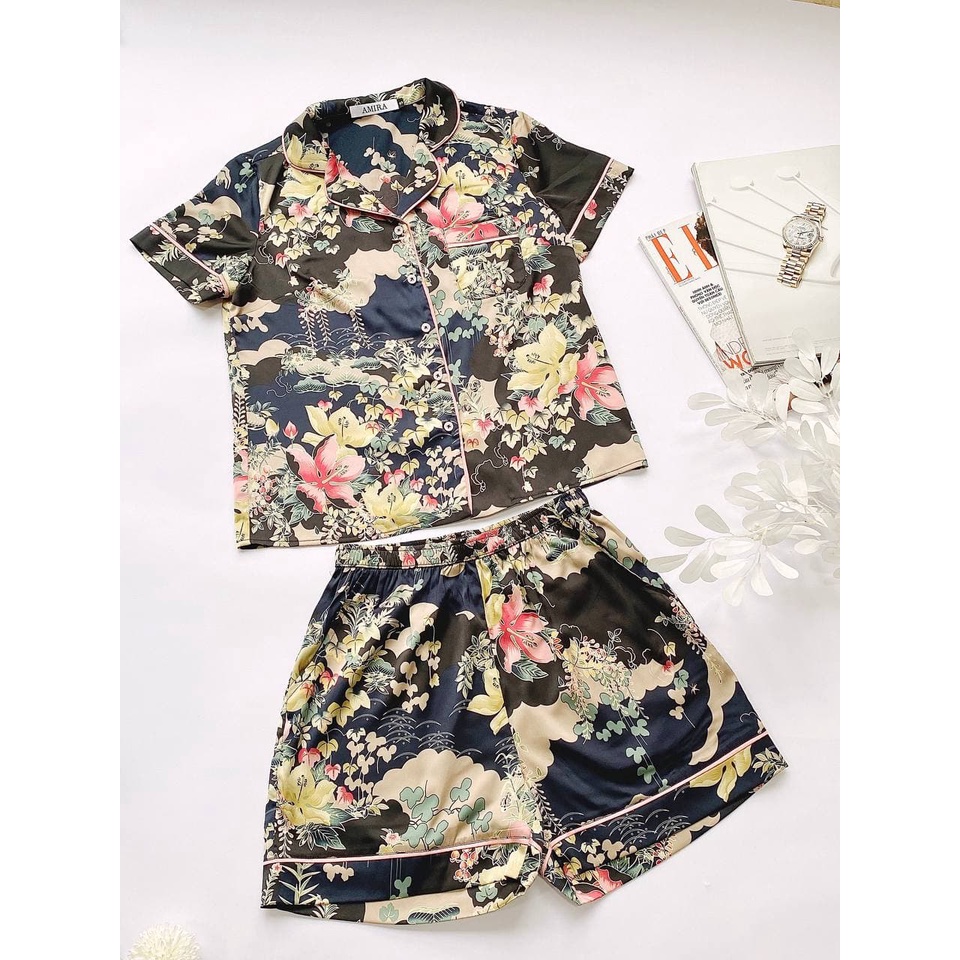 JAPAN SILK - Bộ cộc pijama lụa Nhật họa tiết hoa hồng nền trắng sang chảnh