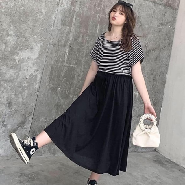 Váy sọc kẻ rút eo Bigsize (80kg~100kg)(SALE)