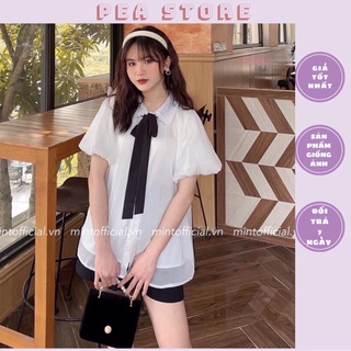 Áo sơ mi voan tơ cổ nơ 2 lớp tay bồng - Áo sơ mi voan tơ tiểu thư cổ nơ (Ảnh thật/Sẵn)