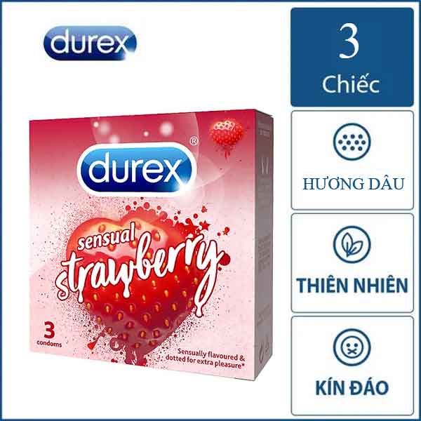 Bao cao su Durex Sensual Strawberry, bcs gai hương dâu siêu mỏng kéo dài thời gian