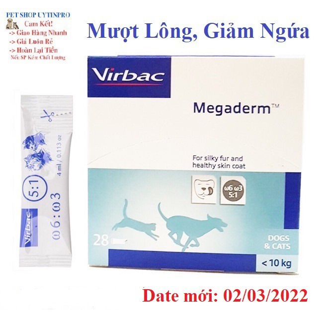 GEL DINH DƯỠNG VIRBAC MEGADERM GIÚP MƯỢT LÔNG, DA, GIẢM NGỨA CHO PET THÚ CƯNG CHÓ MÈO, Gói 4ml