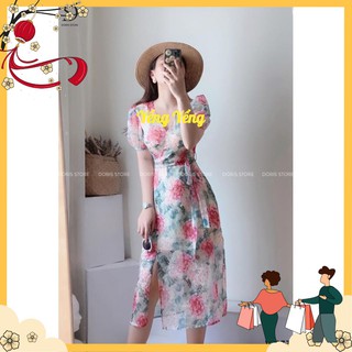 Vnu322 - váy hoa hồng xanh cổ v chéo đai eo