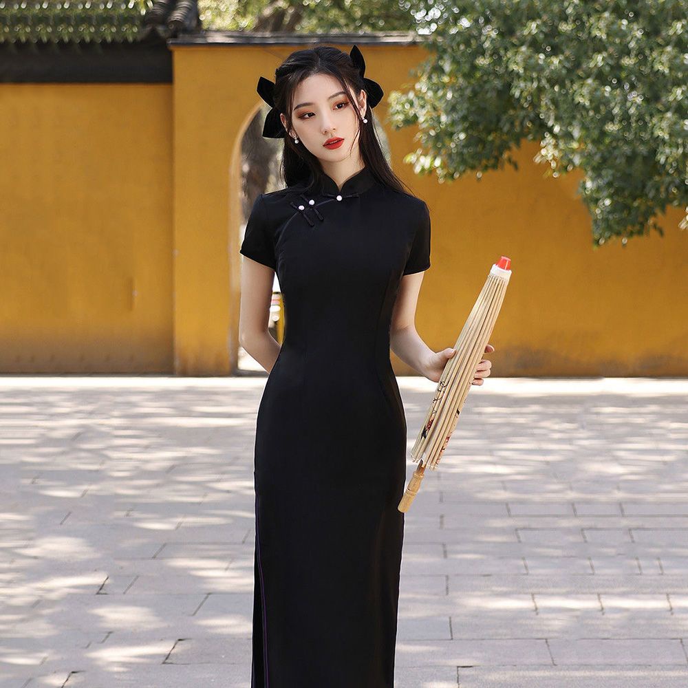Đầm Sườn Xám Cách Tân Tay Ngắn Màu Đen Phong Cách Retro Thời Trang 2023 Cao Cấp