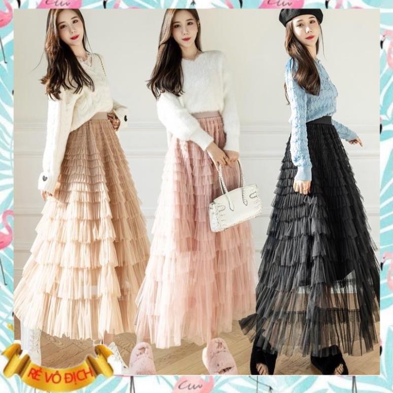 (Hàng sẵn Freeship) Chân váy midi ren xếp li nhiều tầng dáng dài siêu hot hothit