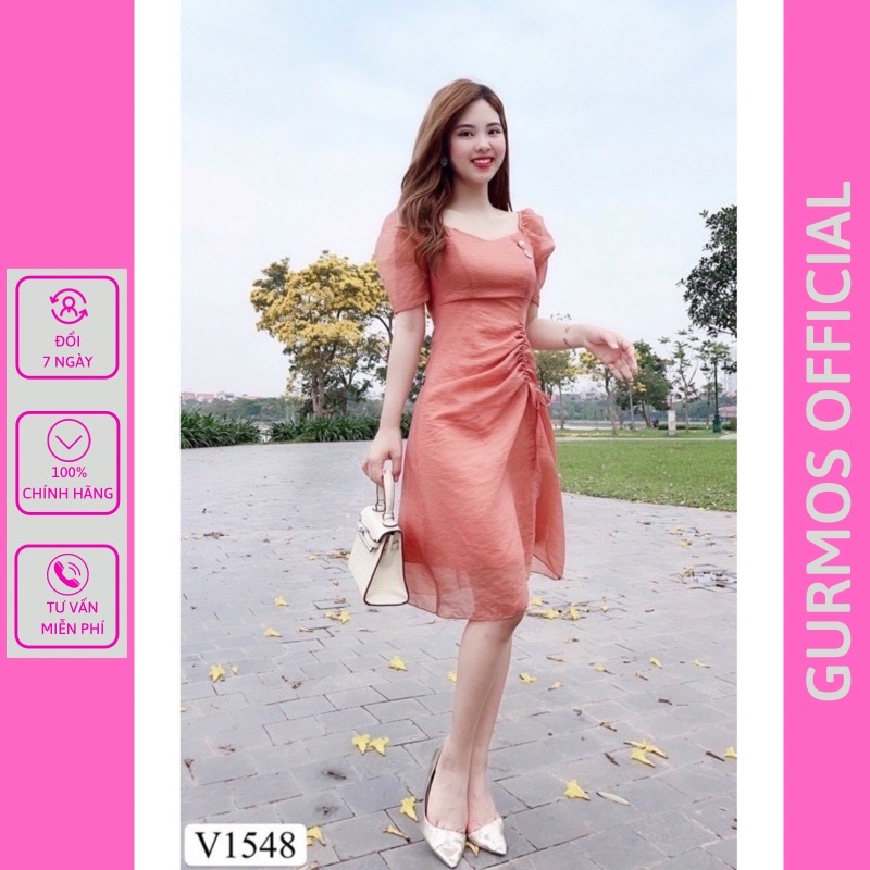 Đầm dự tiệc nữ cao cấp, Đầm voan ngắn tay nhún eo hàng thiết kế cao cấp