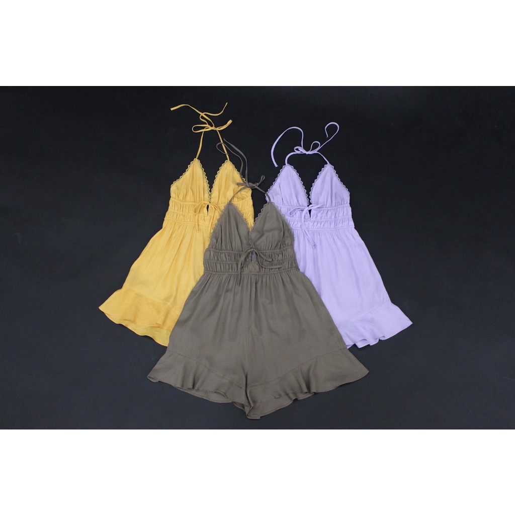 Q8640 - Romper yếm LoveTree cột nơ nhún thun eo phối ren
