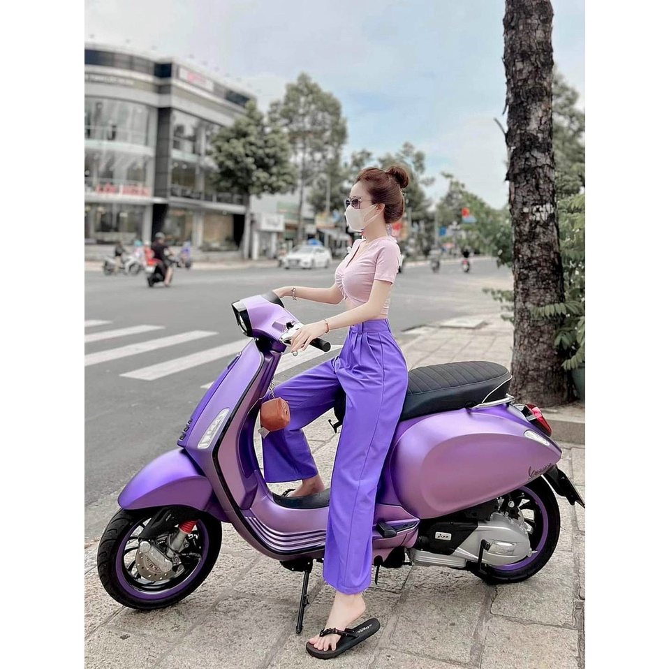 Sét bộ đồ nữ áo thun croptop kèm quần ống rộng màu tím xìteen