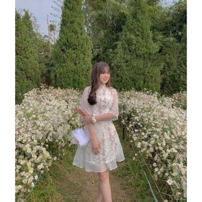 Set áo dài cách tân nữ Tết 🔥vải Organza lót lụa thêu nổi🔥 xuân đi biển dự tiệc dạo phố bigsize gợi cảm sexy