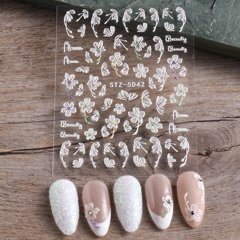 Miếng Dán Nổi Trang Trí Móng Tay Hình Hoa Anh Đào 5D Bằng Acrylic Màu Trắng Phong Cách Nhật Bản