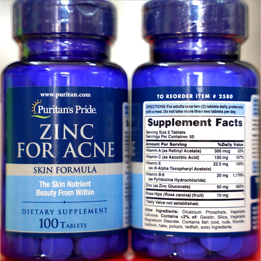 Viên Bổ Sung Kẽm Puritan's Pride ZINC FOR ACNE 100 Viên