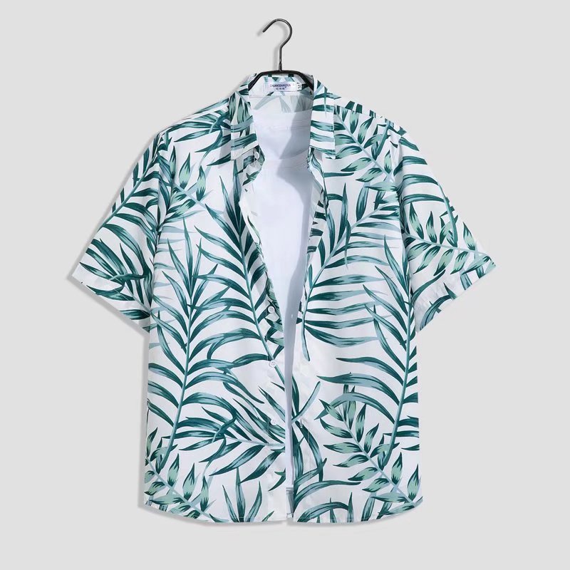 Áo Sơ Mi Ngắn Tay In Họa Tiết Lá Cây + Quần short Dáng Rộng Thoáng Khí Thời Trang Mùa Hè Phong Cách Hàn Quốc Cho Nam