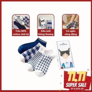 Set vớ tất nữ cổ ngắn 4 đôi tất CARAMELLA chính hãng tông trắng xanh đáng yêu