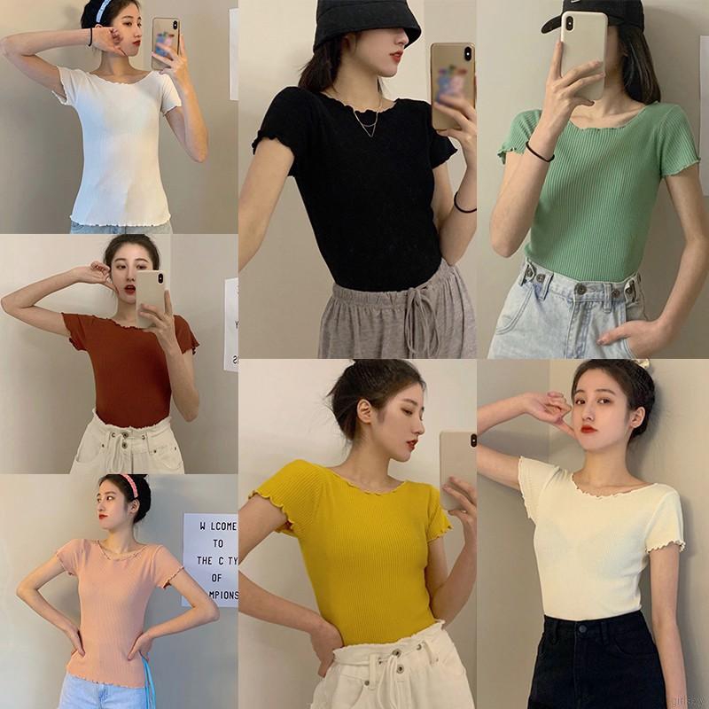 Áo Croptop Dệt Kim Tay Ngắn Phối Bèo Phong Cách Hàn Quốc