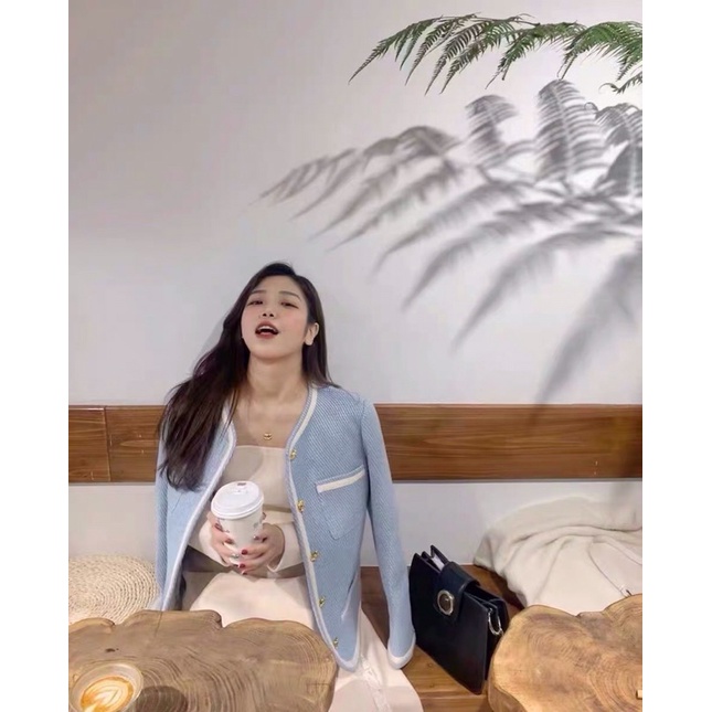 Áo khoác dạ Tweed xanh  viền trắng loại 1