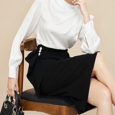 Chân váy bút chì dài công sở cạp cao vạt cúc ngọc Homieyl cao cấp, chân váy lưng cao dài qua gối màu đen chất vải đẹp | BigBuy360 - bigbuy360.vn