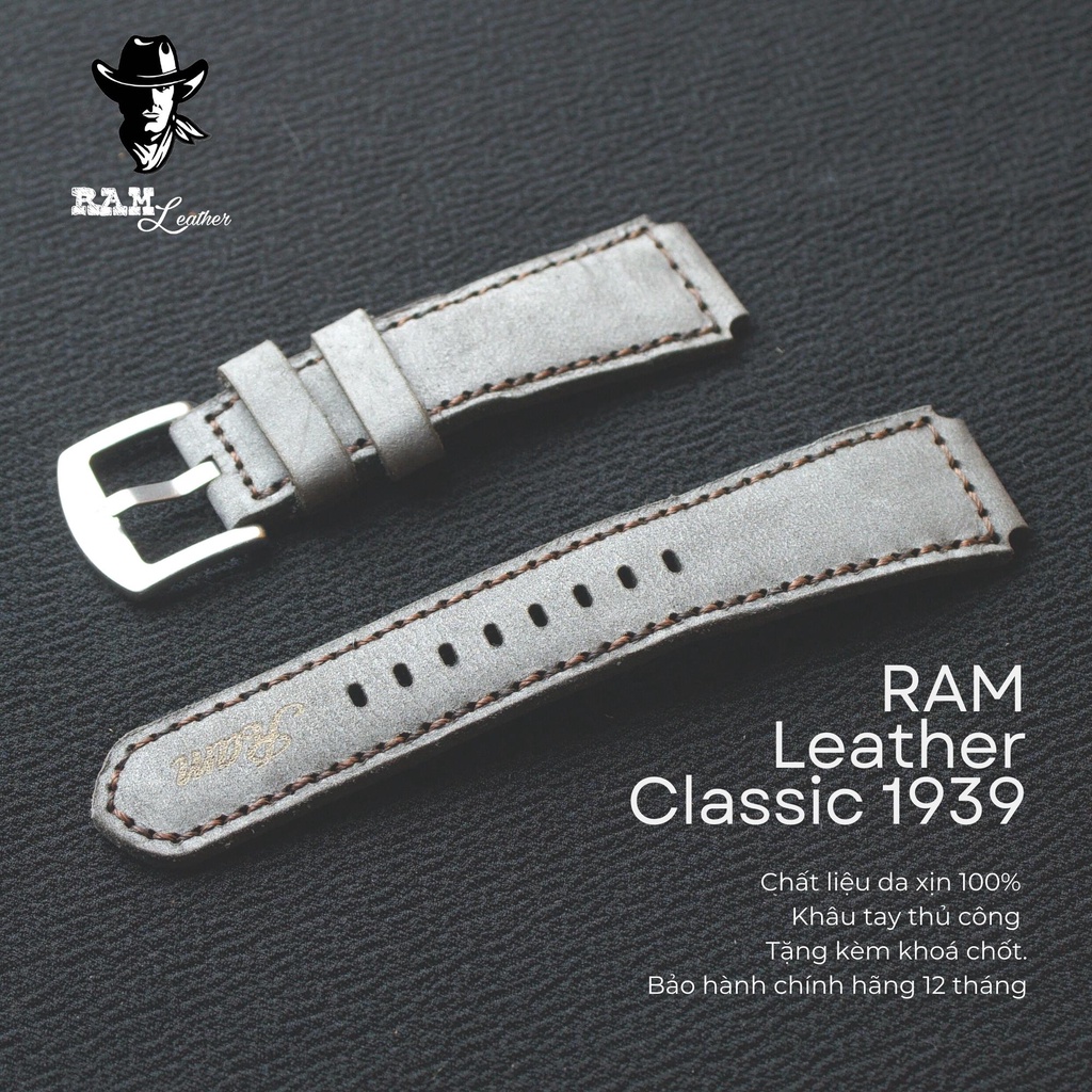 Dây Đồng Hồ Da Thật RAM Leather 1939 Da Bò Màu Xám Quân Đội Cho Casio AE 1200 WHD và đồng hồ dây 18mm  Bền Đẹp