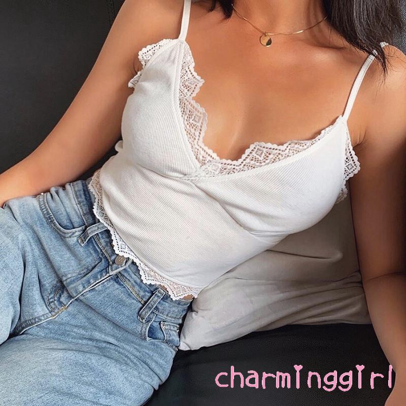 ♛BA♚Women Camisole Lace Wrapped V-Neck Slim Sleeveless Knitted Top