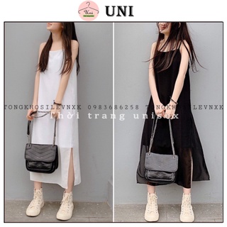 Váy 2 dây voan trơn xẻ tà - đầm maxi voan đũi 2 lớp,váy đi biển_uni