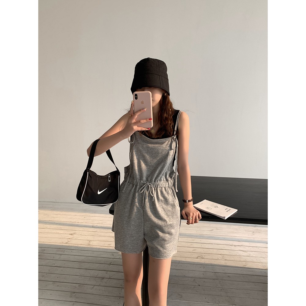 Quần yếm ngắn nữ phong cách Hàn Quốc Quần yếm dáng ngắn Dây rút eo phiên bản mùa hè | BigBuy360 - bigbuy360.vn
