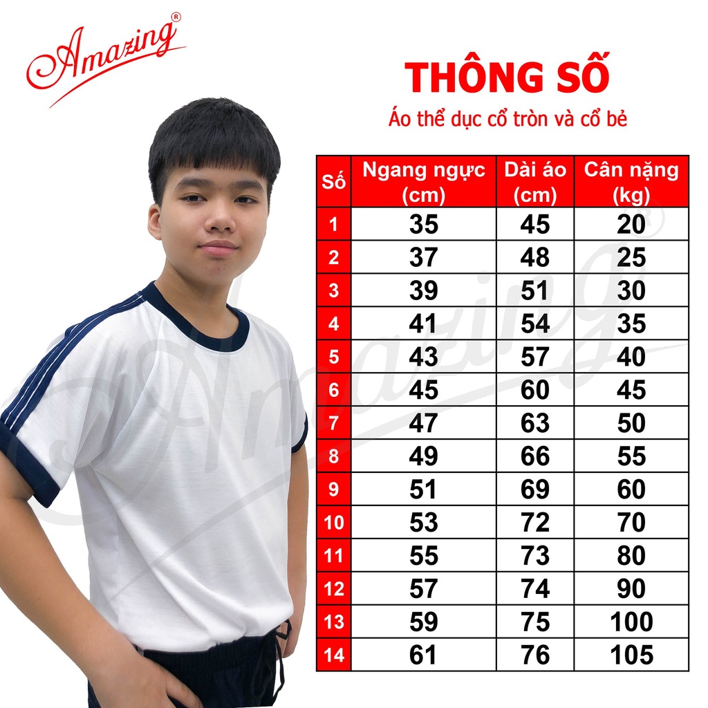 Áo thun trắng thể dục 3 sọc vai, cổ tròn và cổ bẻ, đồng phục thể thao cho học sinh nam nữ các cấp, từ 20-105kg, Amazing